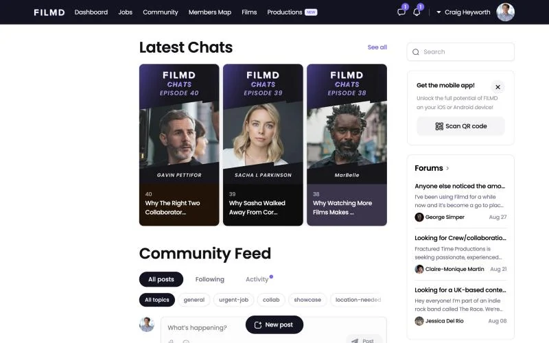 The FILMD community: the latest FILMD Chats episodes, the community feed and forum posts from members looking for crew and collaborators.