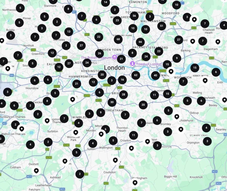 The FILMD members map around London, with member counts clustered across the city.
